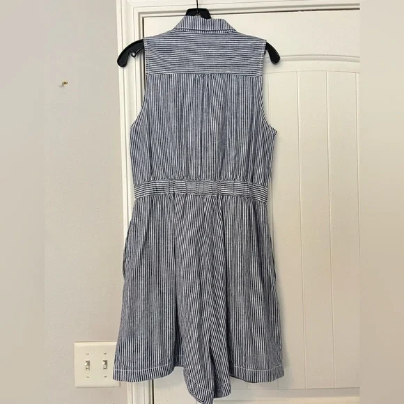 Anthropologie Blue White Striped Linen Blend Belted Romper - Picture 6 of 9